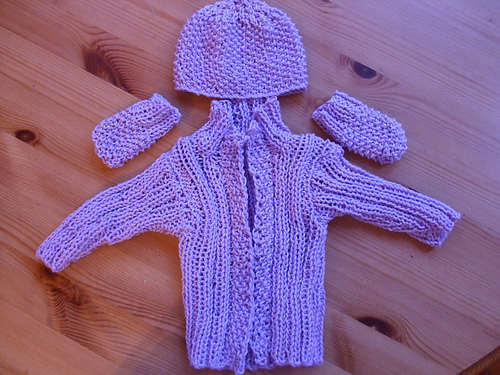 Cotton cardigan, beanie and mittens