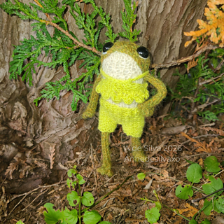 Frog and outfit both knit with Garnstudio Drops Alpaca and 2.75mm needles. Bottoms are the Linen Stitch Shorts