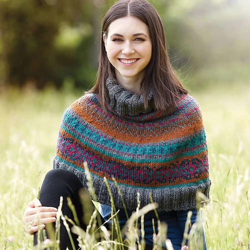 A patterned capelet with stranded colorwork in bulky yarn