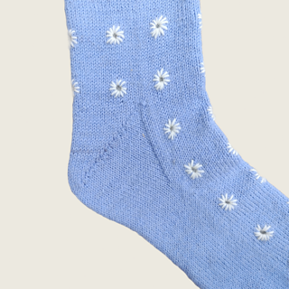 Close up of the Fleedle heel on blue socks.