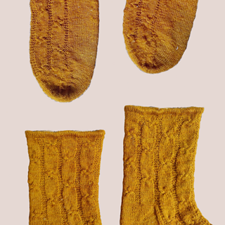 Close up on the toes and cuffs of the same mustard-gold socks.
