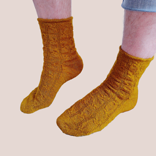 The same mustard-gold socks on standing feet, from the side.