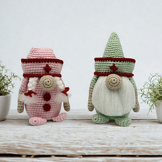 Pink Nurse Gnome with braids and buttons, and green Nurse Gnome with triangle hat and fluffy beard – crochet pattern PDF with two hat and hair options.