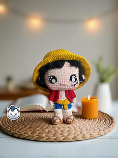 Handmade Monkey D. Luffy amigurumi inspired by Eiichiro Oda’s One Piece, pirate anime crochet pattern PDF.