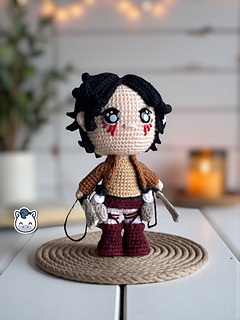 Handmade Eren Jaeger amigurumi inspired by Hajime Isayama’s Attack on Titan (Shingeki no Kyojin), a perfect crochet pattern for anime fans, otaku collections, and Funko-style plush lovers.