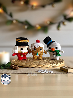 Handmade Christmitos Snowman, Gingerbread Cookie and Nutcracker amigurumi set, cute Christmas crochet pattern PDF perfect for holiday décor, festive gifts and fans of cozy winter handmade crafts.