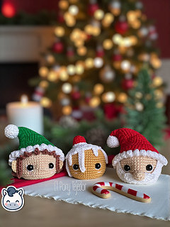 Crochet Amigurumi Christmas baubles pattern featuring Santa Claus, elf and gingerbread cookie, perfect handmade ornaments for Christmas tree decor.