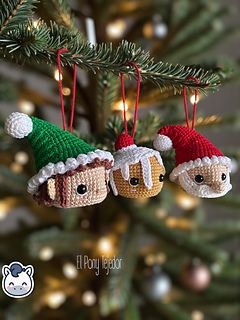 Crochet Amigurumi Christmas baubles pattern featuring Santa Claus, elf and gingerbread cookie, perfect handmade ornaments for Christmas tree decor.