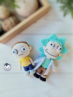 Rick and Morty amigurumi crochet pattern with white lab coat, blue spiky hair and iconic expressions, handmade geek dolls.