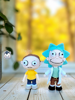 Rick and Morty amigurumi crochet pattern with white lab coat, blue spiky hair and iconic expressions, handmade geek dolls.