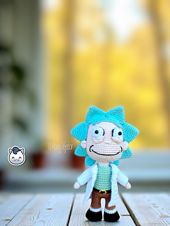 Rick and Morty amigurumi crochet pattern with white lab coat, blue spiky hair and iconic expressions, handmade geek dolls.