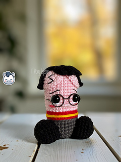 Handmade Harry Potter inspired amigurumi penis with round glasses and Gryffindor style scarf, funny geek crochet pattern PDF.