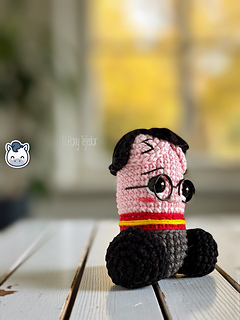 Handmade Harry Potter inspired amigurumi penis with round glasses and Gryffindor style scarf, funny geek crochet pattern PDF.