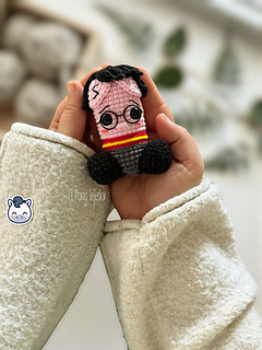 Handmade Harry Potter inspired amigurumi penis with round glasses and Gryffindor style scarf, funny geek crochet pattern PDF.