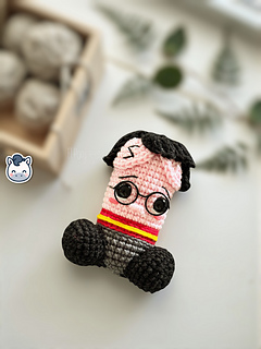 Handmade Harry Potter inspired amigurumi penis with round glasses and Gryffindor style scarf, funny geek crochet pattern PDF.