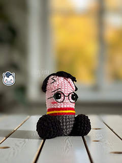 Handmade Harry Potter inspired amigurumi penis with round glasses and Gryffindor style scarf, funny geek crochet pattern PDF.