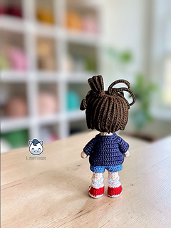 Detective Conan amigurumi crochet doll with glasses and blue jacket, handmade anime plush pattern PDF, geek amigurumi toy for manga and anime fans, kawaii crochet character design