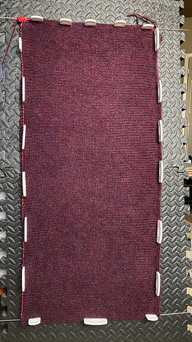 Mid-Project Blocking: Got to 17" (target 19), but could easily tug it to 19, no straining. Decided to block. Blown alpaca must not grow as much because it's only about 17.5 now, and 37 " wide. 