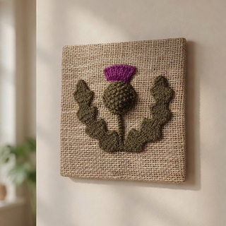 Knitted thistle picture on wall display