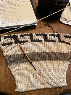I way underestimated how hard the color work would be in flat 1x1 rib. This is the third attempt ultimately I went back to the main needles I am using for the rest of the sweater - the tension does get a little tighter but with bigger needles it was just messy.