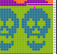 For transition to the next skull section, moved BoR marker to the pink mark so I could reused the whole-skull pattern, and knit in the old background color in the yellow section.