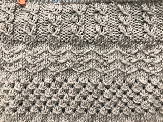 Installment 6: (Knot Stitch from previous installment) Gulls and Garter and Mock Cable. the third stripe is color work and as I am knitting a solid color blanket i decided not to knit the stripe. So only two stripes in this installment.