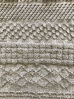 Installment 9/10: Diamonds,  Basketweave, Diamond Drops (knitter substitute), Friday Harbor 