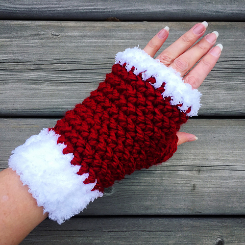 Taiga Fingerless Gloves made with Bernat Pipsqueak for the cuff and last 2 rounds of glove.