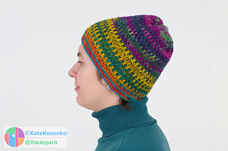 A cozy crochet hat featuring a simple pattern of double and single crochet stitches.