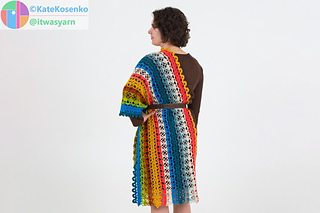 Modular crochet shawl styled as wearable wrap with belt, angled view showing silhouette