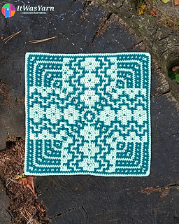 Prism Square mosaic crochet square on a wooden stump