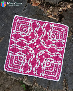 Resonance mosaic crochet square on a dark wooden stump.