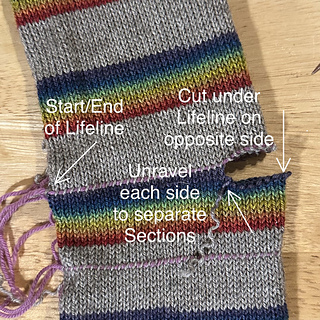 Cut yarn in row above or below Lifeline (as appropriate), directly opposite from beginning/end of Lifeline. 