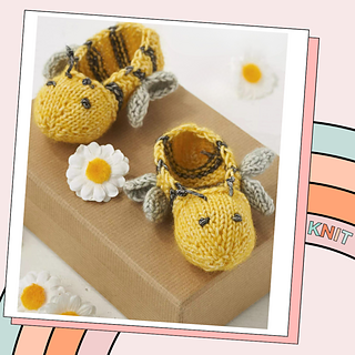 Easy Knitted Bumble Bee Baby Booties knitting pattern pdf by Jane Burns image shows two knitted baby slippers in yellow yarn with grey wings and embroidered features. Simple construction, clear pattern to follow