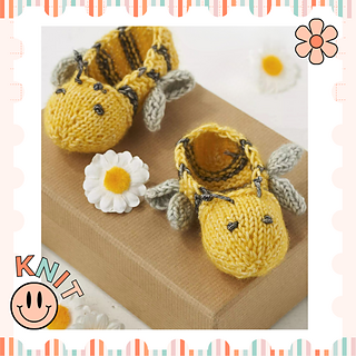 Easy Knitted Bumble Bee Baby Booties knitting pattern pdf by Jane Burns image shows two knitted baby slippers in yellow yarn with grey wings and embroidered features. Simple construction, clear pattern to follow