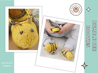 Easy Knitted Bumble Bee Baby Booties knitting pattern pdf by Jane Burns image shows two knitted baby slippers in yellow yarn with grey wings and embroidered features. Simple construction, clear pattern to follow