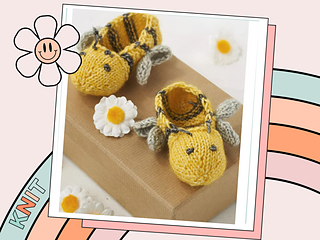 Easy Knitted Bumble Bee Baby Booties knitting pattern pdf by Jane Burns image shows two knitted baby slippers in yellow yarn with grey wings and embroidered features. Simple construction, clear pattern to follow