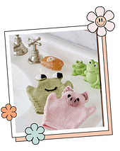 Frog and pig baby bath mitt knitting pattern in King Cole Cottonsoft DK, free pattern on the blog jane burns