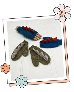 Dinosaur Hat and Mittens set knitting pattern by Jane Burns