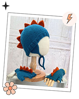 Dinosaur Hat and Mittens set knitting pattern by Jane Burns