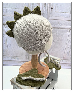 Dinosaur Hat and Mittens set knitting pattern by Jane Burns