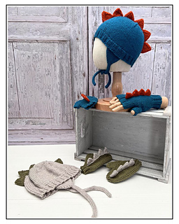 Dinosaur Hat and Mittens set knitting pattern by Jane Burns