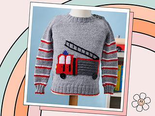 Freddie the fire engine kids jumper, intarsia fire truck motif, King Cole Big Value DK
