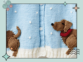 Dachshund in the Snow kids Christmas cardigan, intarsia sausage dog motif, King Cole Merino DK