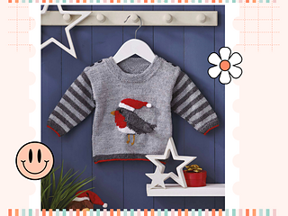 Rockin Robin baby Christmas jumper, intarsia robin with Santa hat, striped sleeves, 0-3 years