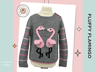 Fluffy Flamingo girls jumper knitting pattern, two applique flamingos forming heart shape, ages 1 to 9
