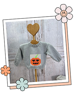 Patch pumpkin knitting chart worked up as a baby jumper, halloween knit for babies and toddlers, sizes 0-6 months to 4-5 years