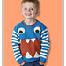 Monstrous monster jumper knitting pattern kids, blue stripe body with 3D eyes and teeth, ages 2 to 11
