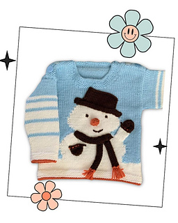 Close-up of knitted snowman motif with top hat, scarf and carrot nose, intarsia baby jumper knitting pattern