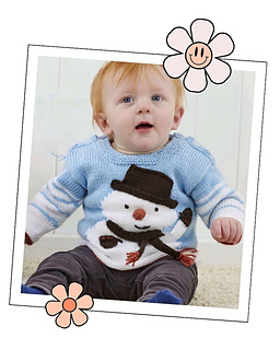 Baby wearing Humphrey snowman Christmas knitting pattern, soft DK yarn, gentle on little skin